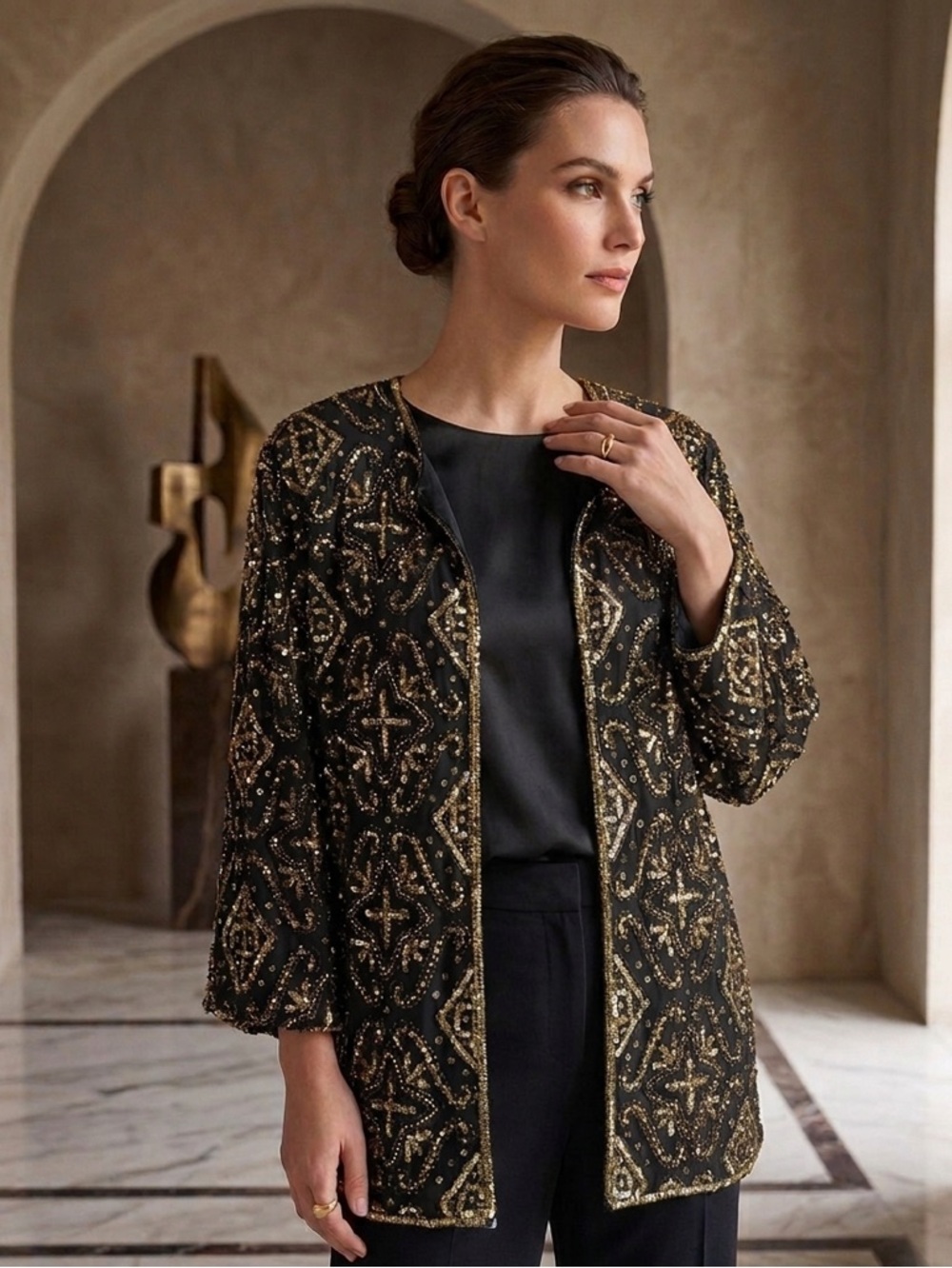 80’s Land‎ Mark Silk Black & Gold  Beaded Formal Evening  Jacket Size 1X NWT